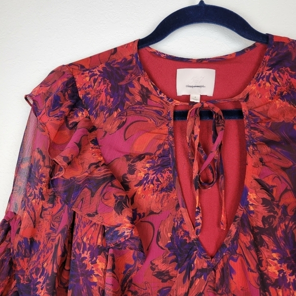 NEW Cinq a Sept Livie Floral Tiered Ruffle Chiffon Dress Dark Red Size 4 - Picture 5 of 13